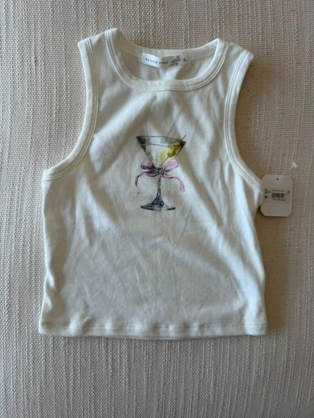 Altar’d State White Ribbed Martini Graphic Tank Top NWT